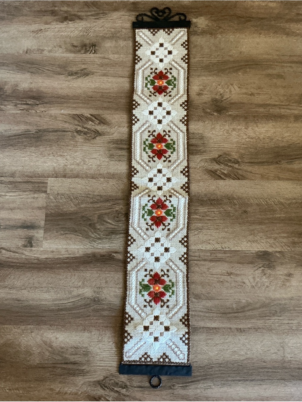 Vintage Bell Pull Tapestry Scandinavian Needlepoint Folk Art Floral Wall Hanging